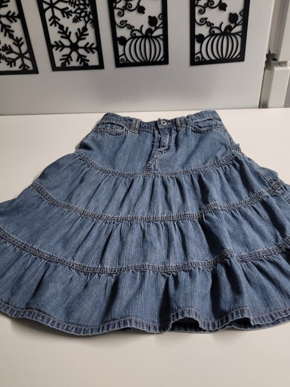 Santana Girls Ruffle/Tiered Jean Denim Skirt Size 10 (Fits 8-10) Adjustbl Waist